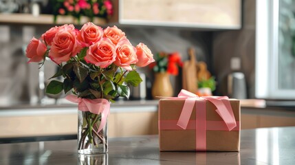 Obraz premium Vibrant roses in vase and gift box with ribbon on kitchen counter Suitable for various special occasions Background is modern kitchen with space for text