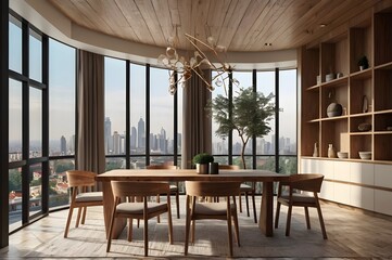 Obraz premium Modern dining room with large empty wall on the left, wooden furniture, and wide windows overlooking a cityscape, concept of interior design. 3D Rendering.
