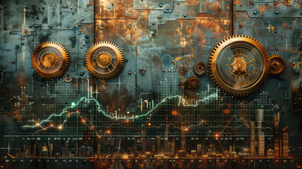 Fototapeta premium Steampunk-Inspired Industrial Background with Gears and Graphs, Futuristic Data Visualization, Mechanical Components, and Rusty Metal Texture, Perfect for Technology and Finance Themes