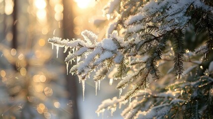 Fir tree branches with melting snow and icicles in a winter forest in the morning A real winter to spring transition