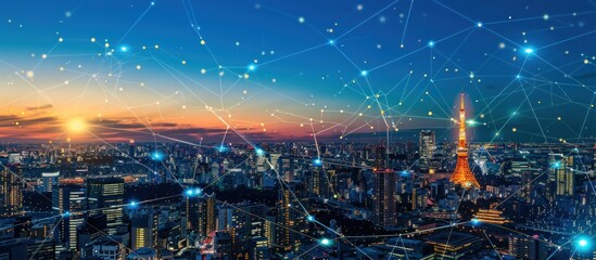 Tokyo Skyline with Network Connections at Sunset