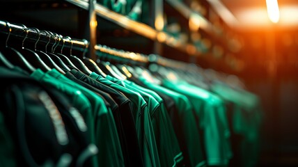 A row of green sports jerseys hanging neatly in a locker room under warm lighting, showcasing athletic wear in a team environment.