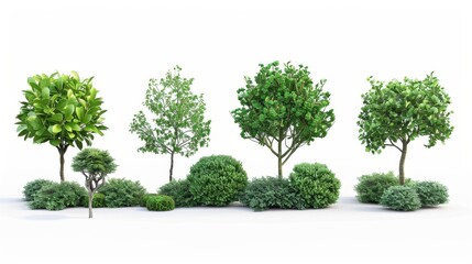 Various Trees and Bushes on White Background, Generative AI