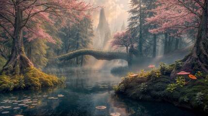 Landscape with a river and a bridge in a magical blooming botanical garden.