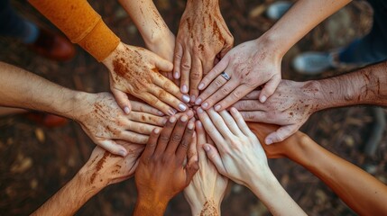 Stack of hands showing unity and teamwork, office background