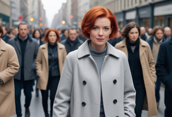 AI-generated portrait of a short-haired redhead woman walking in the city
