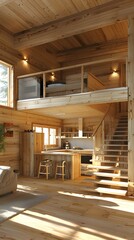 The inside of a cozy and bright wooden house