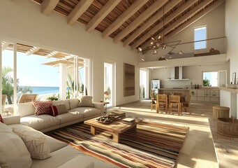 Fototapeta premium A modern coastal living room with vaulted ceilings and ocean views