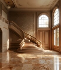 European style indoor spiral staircase and corridor
