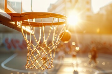 Sunlit basketball hoop with a ball swishing through the net on an outdoor court, capturing the essence of a sunny day sports activity.