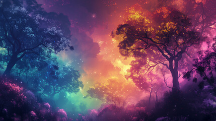 A captivating psychedelic background showcasing a mystical firefly forest with vibrant colors and intricate patterns, abstract mythical background