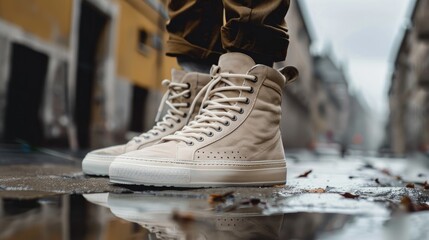 Beige with white high top trainers