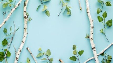 Spring themed mockup with birch branches on blue background Customizable email template for spring greetings and promotions