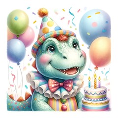 A happy dinosaur wearing a clown costume and holding a birthday cake with balloons and confetti. pastel watercolor illustration style.