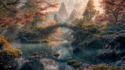 Landscape with a river and a bridge in a magical mystical forest
