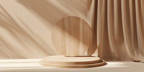 3D rendering of a minimal podium display background with a wood texture for a product presentation mockup, generative AI