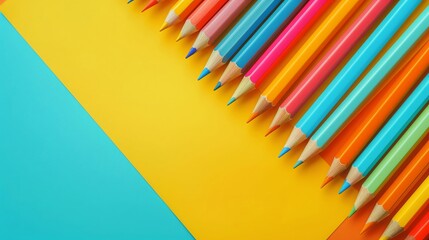 Fototapeta premium A colorful array of sharpened colored pencils arranged neatly on a vibrant yellow and blue background for creative and artistic projects.