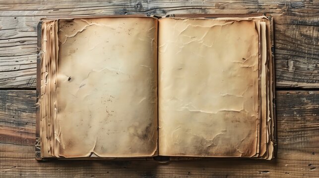 Open ancient book with yellowed, aged pages on a rustic wooden table. Perfect for backgrounds, historical, and vintage themes.