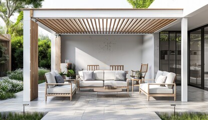 A large white patio with a white gazebo and white furniture