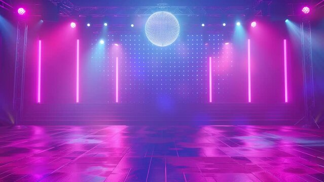 Speaker podium. Podium winner. Podium fashion. Blue spotlights, stage lights, beautiful lighting. Comedy night background template. a blue round podium on a technologic with blue lights. Disco ball
