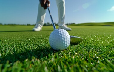 Golf Ball on Green Grass with Player in Background.