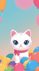 Kitty with Balloons, empty space illustration, background
