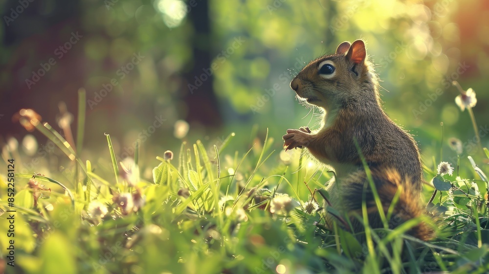 Canvas Prints A squirrel perched on a vibrant grassy field