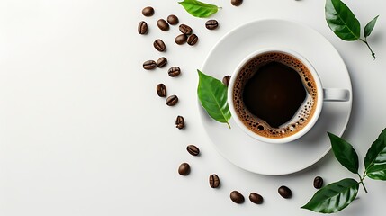 White background, a white cup of coffee with green leaves on the edge and scattered brown beans in front of it, a white plate, coffee beans in the top left corner of the picture, white background,