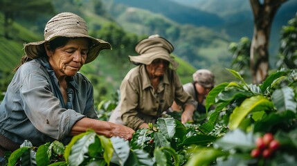 A group of women, in their thirties and older with some dressed as male farmers picking coffee on the mountainside surrounded by green trees and plants. The woman is wearing casual and hat while