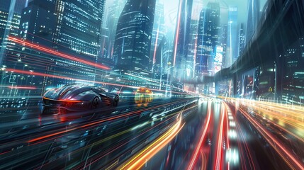 Fototapeta premium Highway with high speed vehicles in modern and futuristic smart city. City concept with modern future buildings