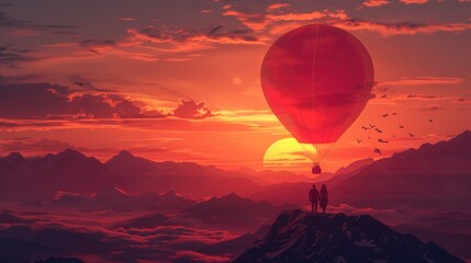 a romantic illustration of a couple enjoying a hot air balloon ride during sunset on Valentine's Day 
