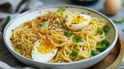 Flavorful noodles with a hint of green vegetables and eggs