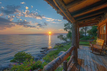 Cinematic photo of an old log cabin on the shore, wooden terrace overlooking lake with forest and sunset, cozy chairs, evening summer nature, lake landscape.