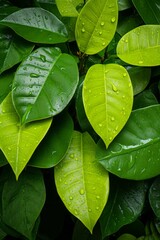 a close up of green leaves with water droplets