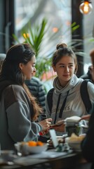 Entrepreneurs networking at a startup expo, exchanging ideas and business cards, energetic and inspiring atmosphere