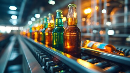 Bottling Process in Modern Brewery with Colorful Bottles Under Industrial Lighting