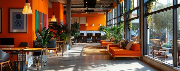 Innovative startup working in a vibrant co-working space, shared desks and creative interactions