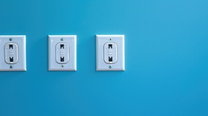 Close up of three white electrical outlets and TV antenna socket on a blue background