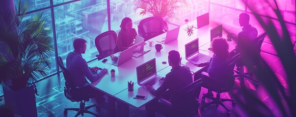 Team of developers collaborating on software development, diverse perspectives and coding tools in a modern workspace