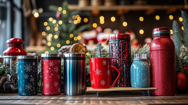 Festive Holiday Thermos and Mug Collection with Bokeh Lights