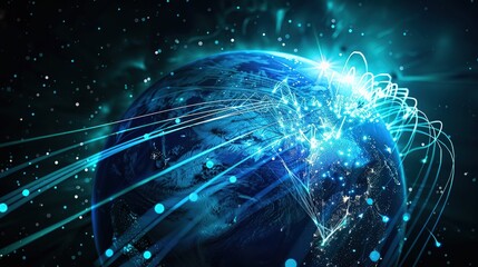Planet Earth with futuristic fiber optic cables for global communication and digital network connection technology