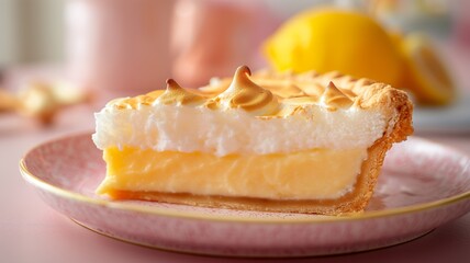 Delicious Lemon Meringue Pie Slice on a Pink Plate in Soft Daylight