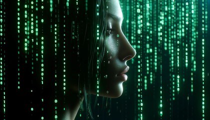 A detailed image of a woman's profile with binary code falling like rain around her, similar to the Matrix code.