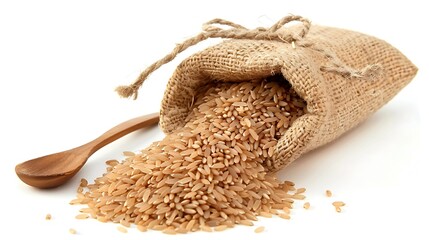 A sack of brown rice spilling out, with a wooden spoon beside it on a white background. The image is in the style of by an unknown artist.