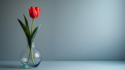 Fototapeta premium Elegant Red Tulip in a Clear Vase on Minimalist Background