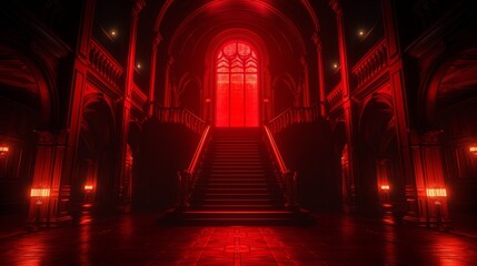 Gothic Grand Staircase in Red Light