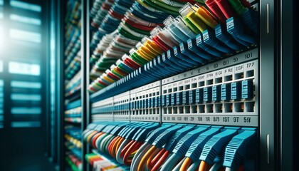 A detailed view of color-coded cables with clear labels in a network server rack.
