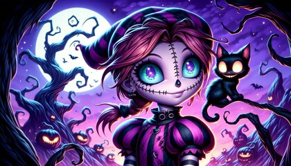 A detailed and focused image of Pinny, the character with glowing eyes and stitched features, with a black cat perched on her .