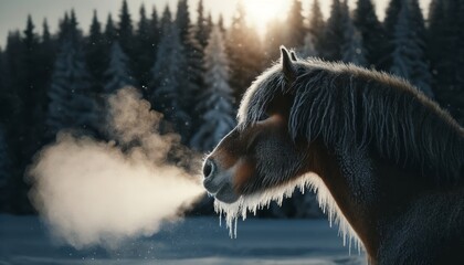 A close-up shot of the horse exhaling, with the breath visible as a mist in the cold air.