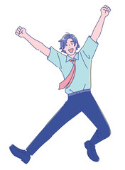 ジャンプして喜ぶアニメ調の男子学生